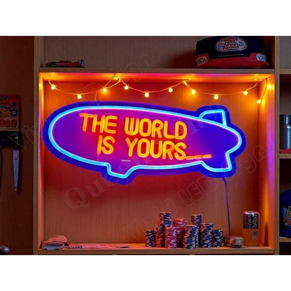 Queen Sense 16"x7" The World Is Yours Plane LED Neon Sign for Wall Decor Dimmable USB Powered LED Light W116TWIYPRBA2-5VLED