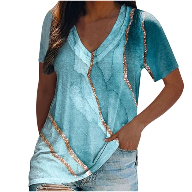 Camiseta de manga corta con cuello en V estampada informal para mujer a la moda Fridja bn5684