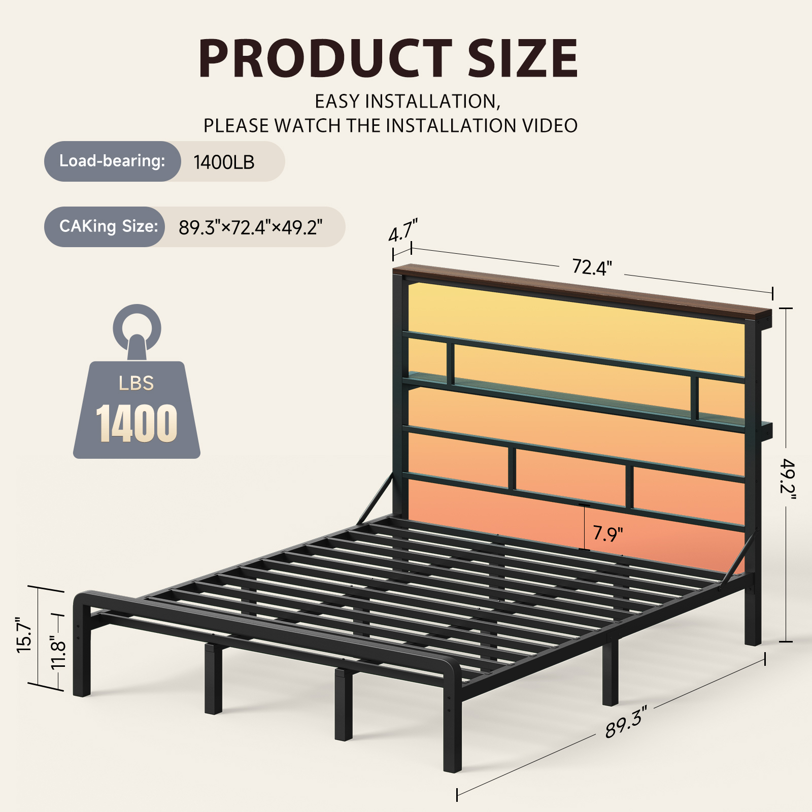 Patbrela California King Size Bed Frame with 49.2-Inch LED High Headboard and 2-Tier Storage, Metal Platform Bed, Black