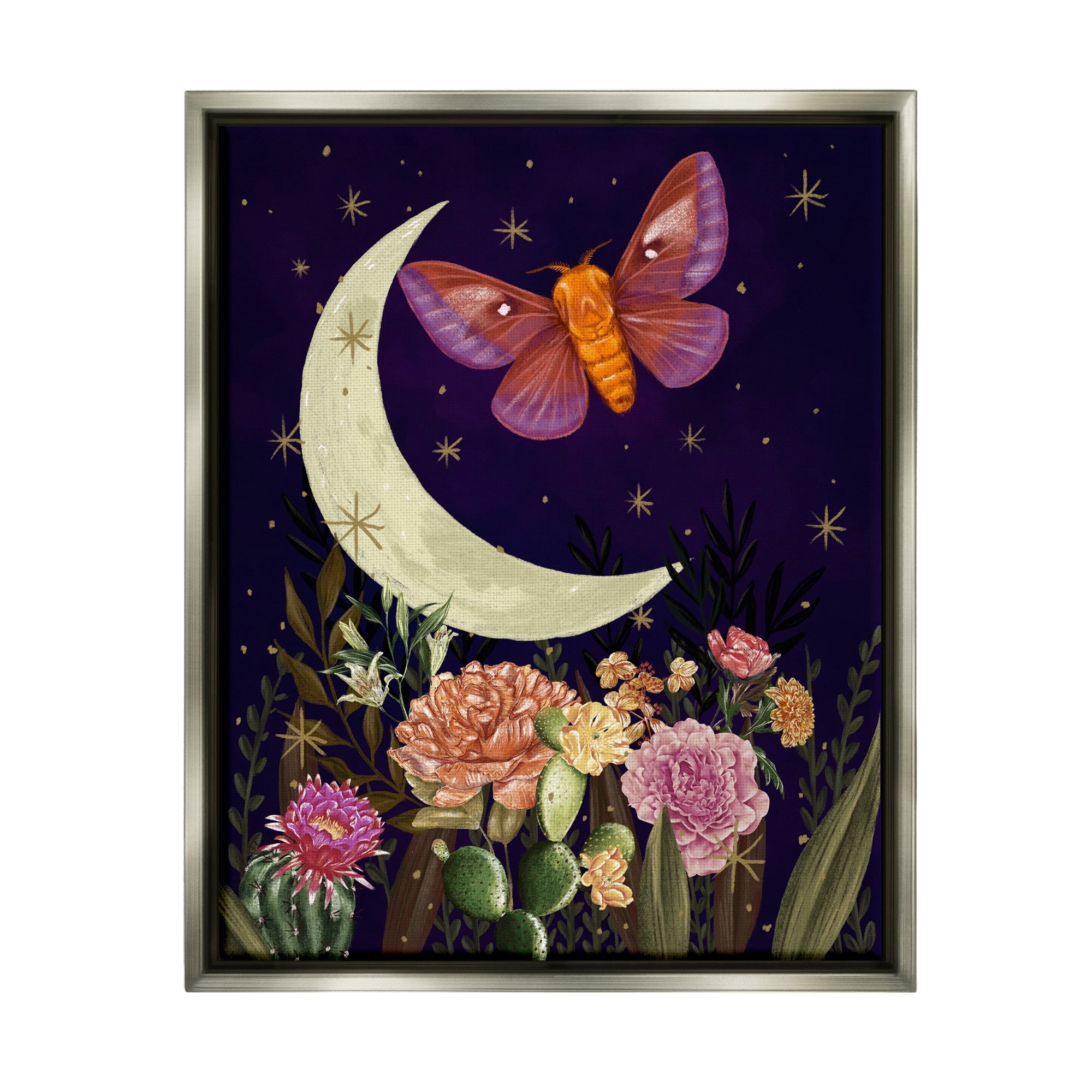 Stupell Industries Lunar Butterfly Flying Night Sky Floral Garden Graphic Art Luster Gray Floating Framed Canvas Print Wall Art, Design by Raquel Maciel