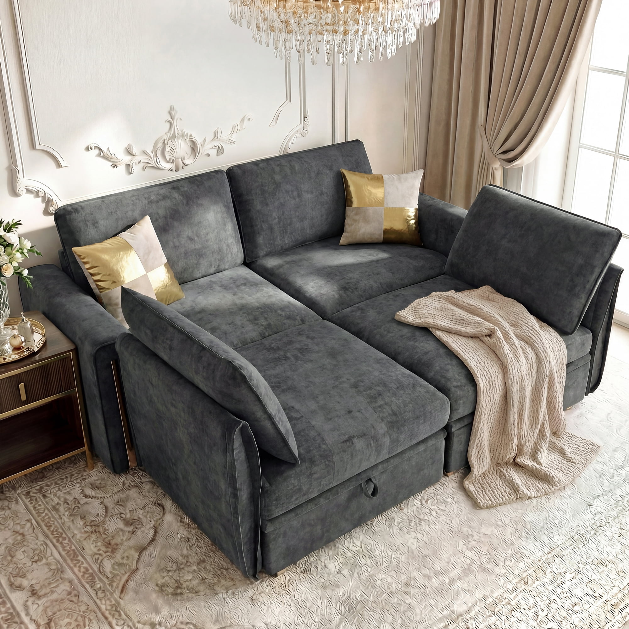 Advwin 132" 4-Seater Oversized Modular Sectional Sofa with Storage Under Each Seat & Gold Metal Accents, Modern Luxury Chenille Convertible Cloud Couch for Living Room, Dark Gray