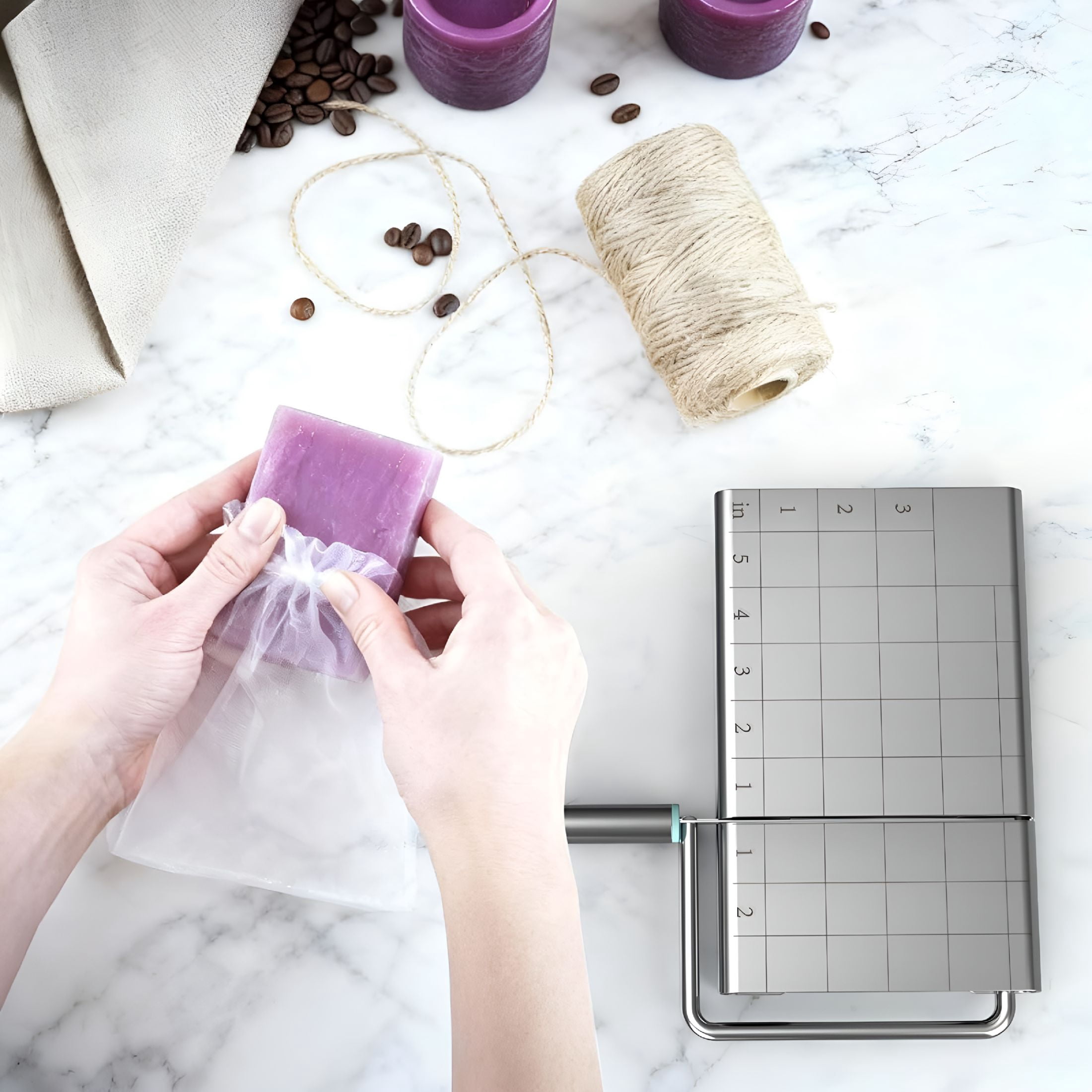 EXLEAF 2026 New Soap Cutter Kit for Soap Making-Equipped with 10Pcs Mesh Soap Bags Set,Stainless Steel Soap Slicer Machine with Scale Soap Cutting Tool Professional for Handmade Soap,Bar Soap Pouch