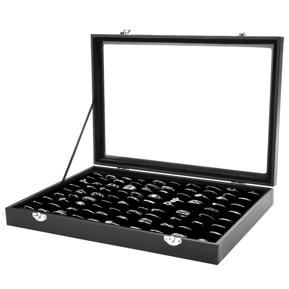 YOYTOO Jewelry Rings Storage Organizer Case, Black Wooden Velvet Glass Ring Storage Box Display, Tray Jewelry Showcase for Women Girls (100 Slot)