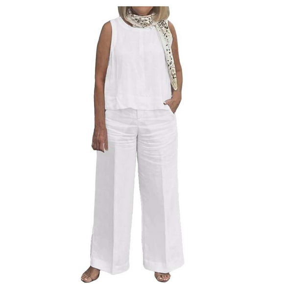 Fgnfyis Womens Sleeveless Top Solid Color Casual Wide Leg Pants Two Piece Pants Sets Women's Trousers Suit White S