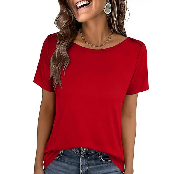 GUACER Short Sleeve Shirts for Women Casual Round Neck Solid Relaxed Fit Blouses Summer Basic Tops