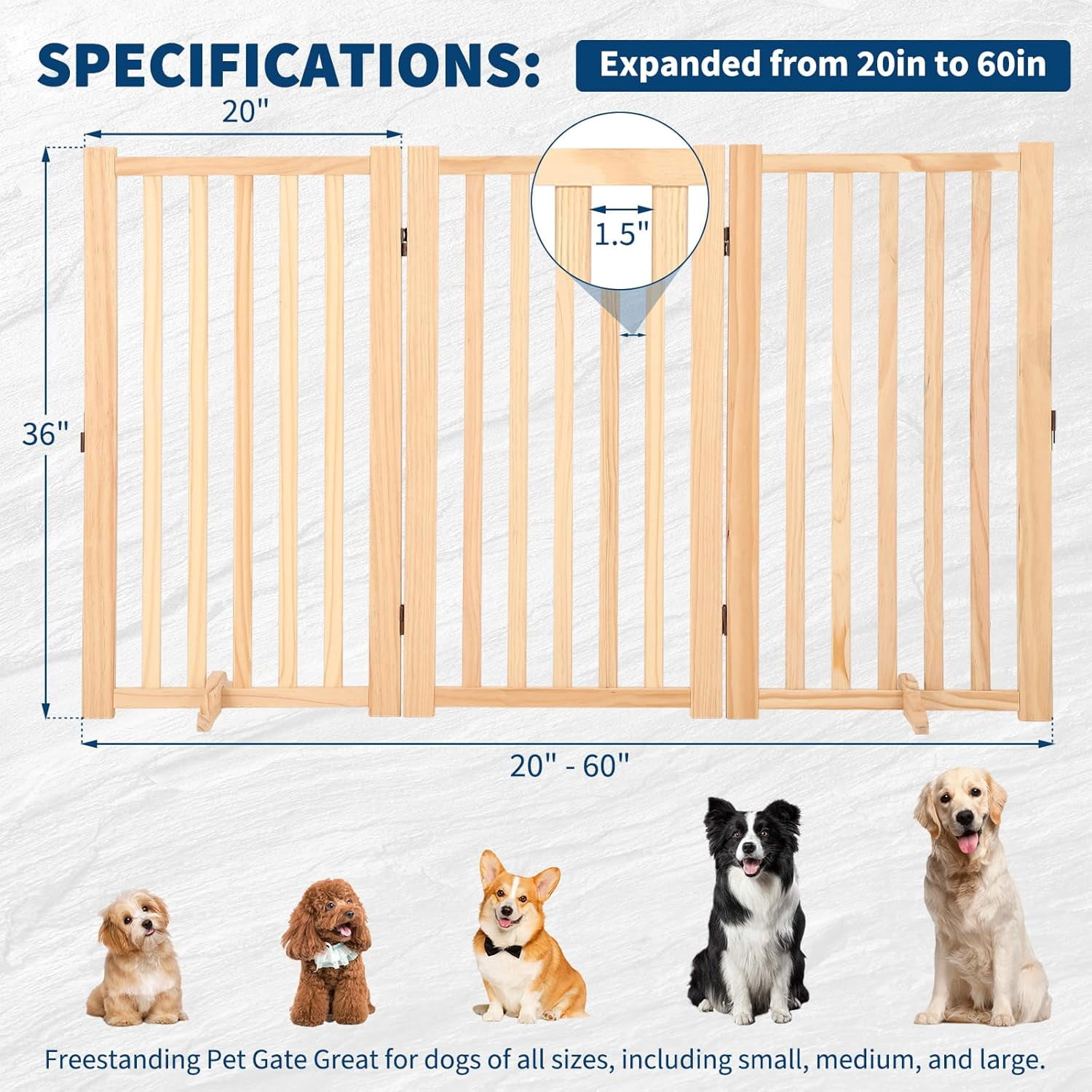 Roromall Wooden Freestanding Dog Gate, Foldable Pet Gate with Support Feet, Indoor Dog Fence for House, Doorways, Stairs, Expandable Pet Fence -3 Panel, 36"H