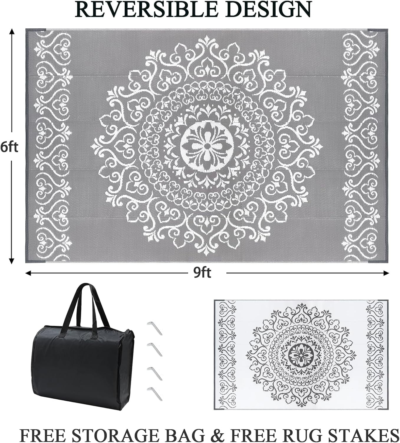 MJIAexp 6'x9' Gray Outdoor Rug Patio Rug Waterproof RV Outdoor Rug Camping Rugs Reversible Plastic Straw Rug Large Outdoor Mat for Camping, Balcony Apartment, Patio, Porch, Picnic, Beach