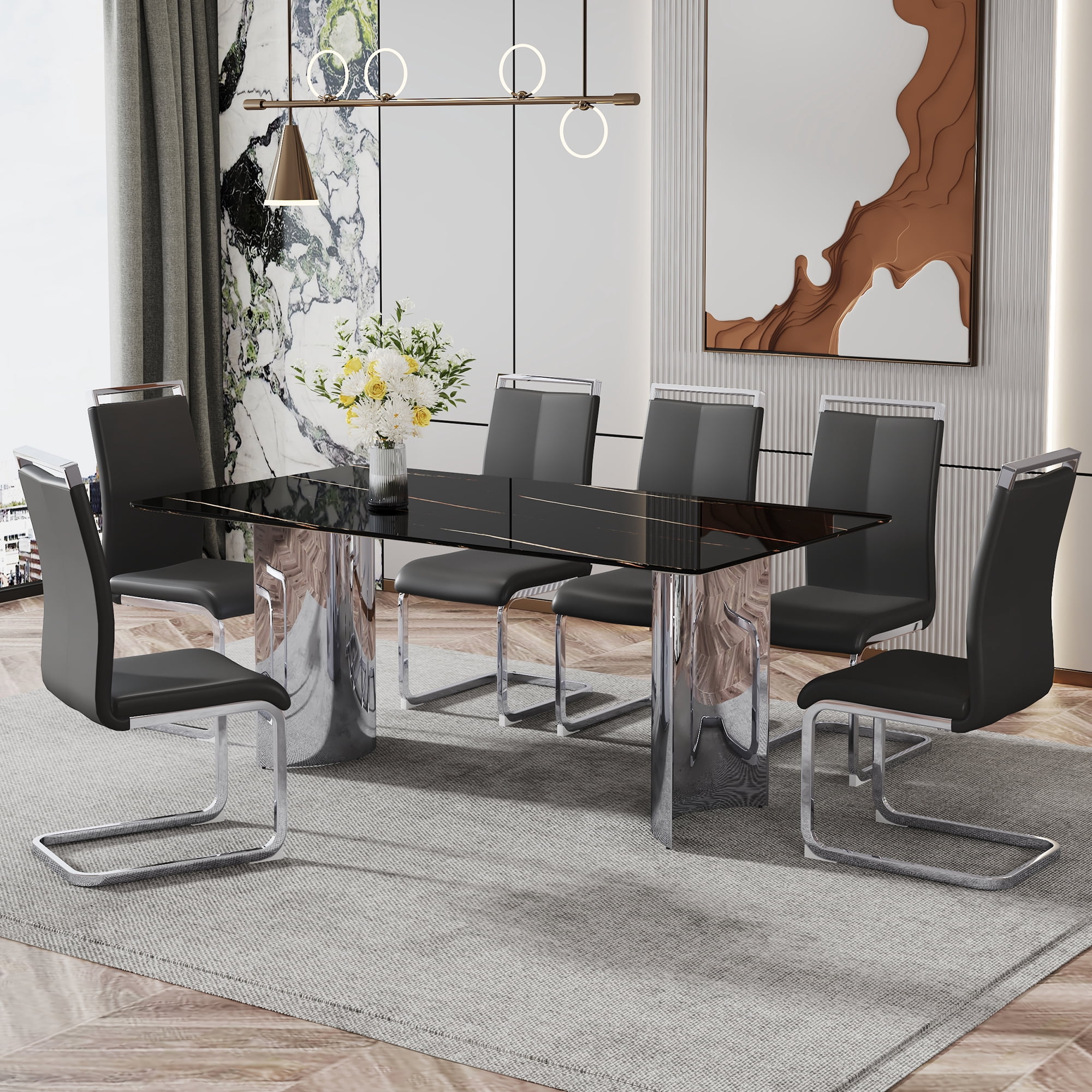 TesNus 71" Modern Marble Dining Table, Black Faux Marble Rectangle Table with Chrome Plated Metal Legs for Dining Room and Kitchen