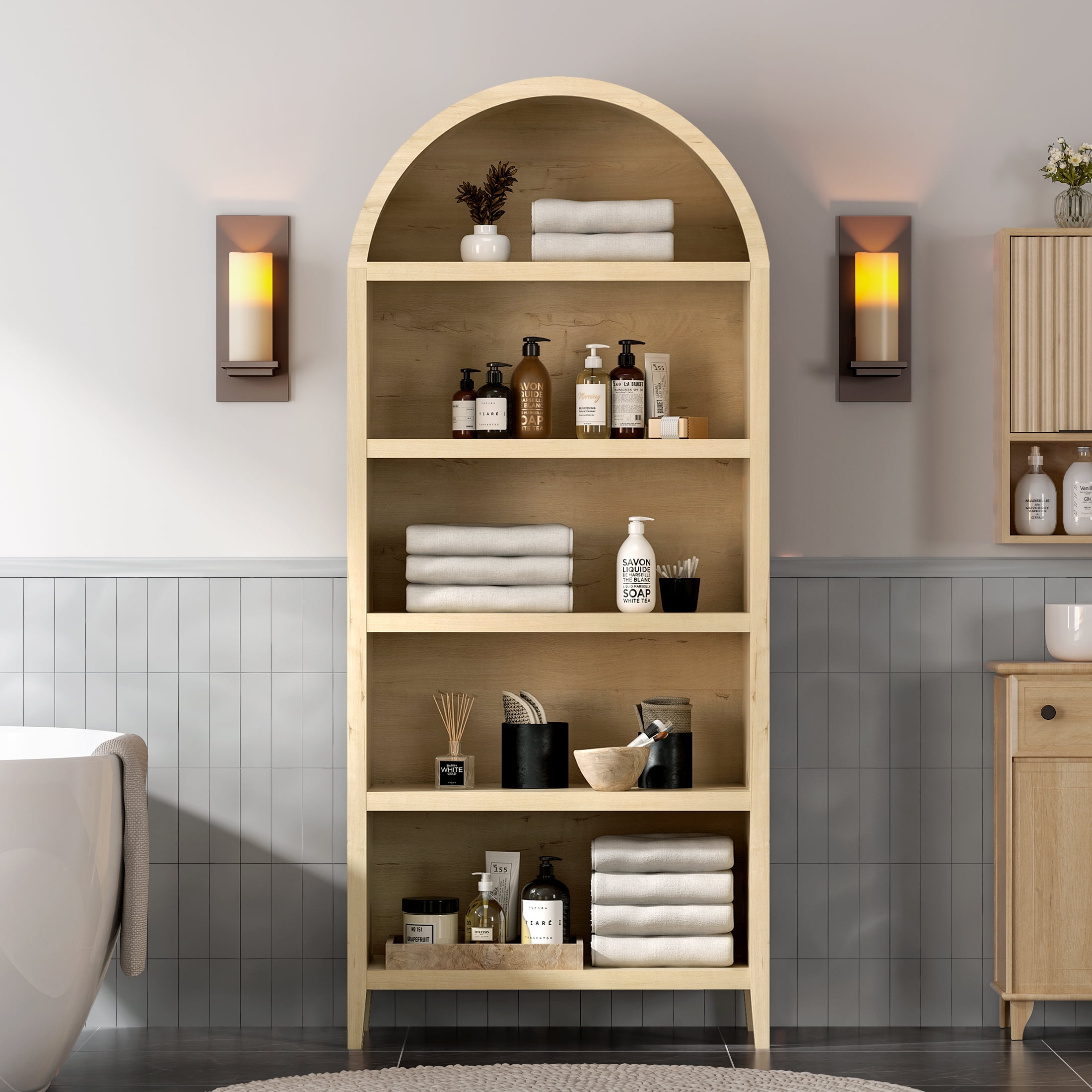 EYYTHUNG 5 Tier Arched Bookshelf Set of 2, 71" Tall Bookcase with Adjustable Shelves Wooden Storage & Display Cabinet, Freestanding Kitchen Pantry Organizer