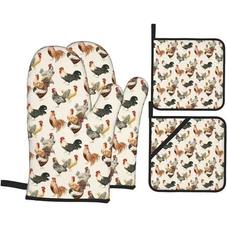 

Rooster Oven Mitts and Pot Holders Sets Set of 4 Resistant Hot Pads Non-Slip Cotton Lining Gloves for Kitchen Baking Cooking