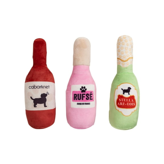 Pearhead Pet Beer, Wine & Rose Plush Dog Toy, Set of 3