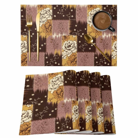 Damask Flower Placemats Set of 1, Rustic Chestnut Brown Floral Blocks Vintage Non-Slip Place Mats Washable Table Mats for Kitchen Dining Table Decorations Indoor/Outdoor
