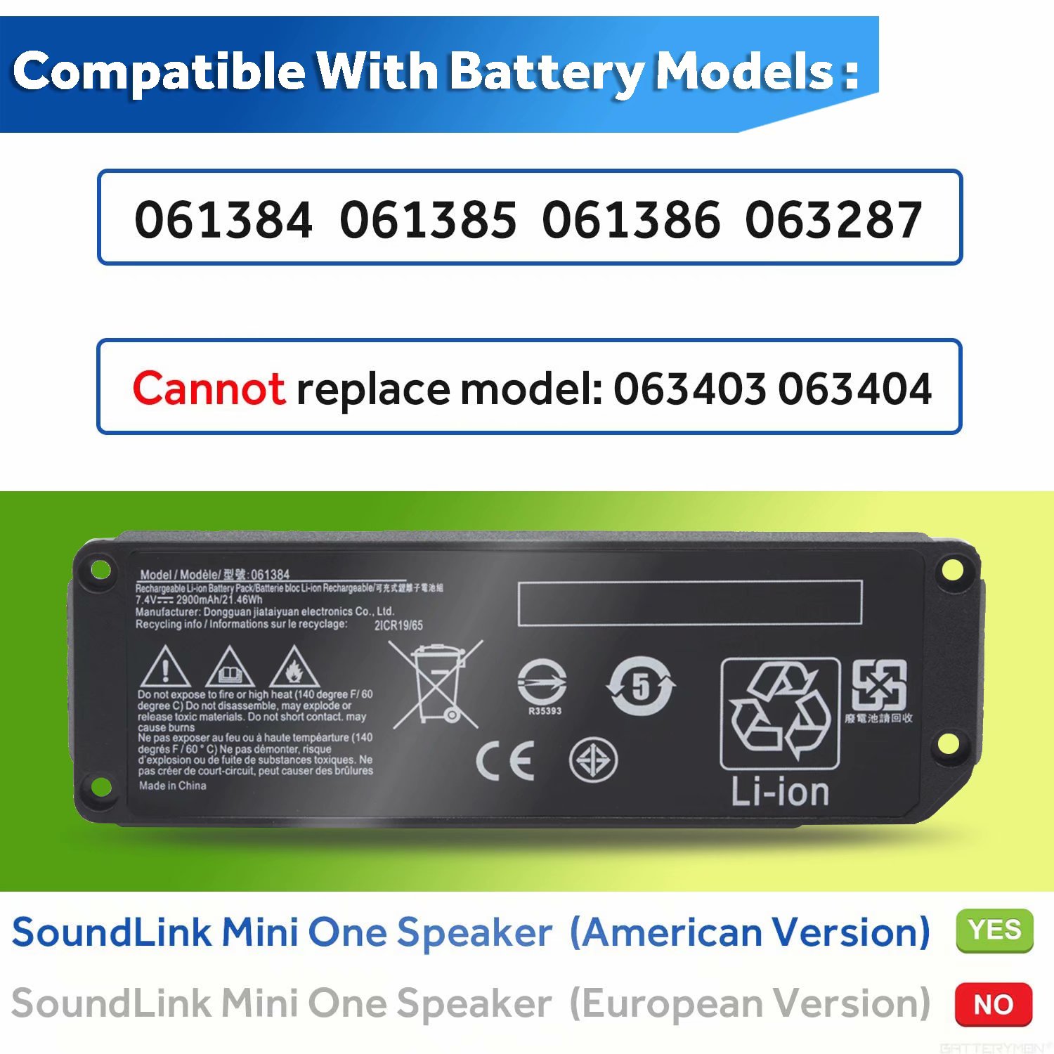 061384 061385 061386 063287 Battery for BoseSoundLink SoundLink Bluetooth Speaker Mini One Boses (7.4V 21.46Wh 2900mAh - image 4 of 9