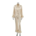 thumbnail image 4 of Wangmeiwg Women's Pajama Sets Elegant Feather Trim Satin Pajama Set For Women Comfortable Long Sleeve Button Down Top And Pants Sleepwear Outfit S Khaki, 4 of 6