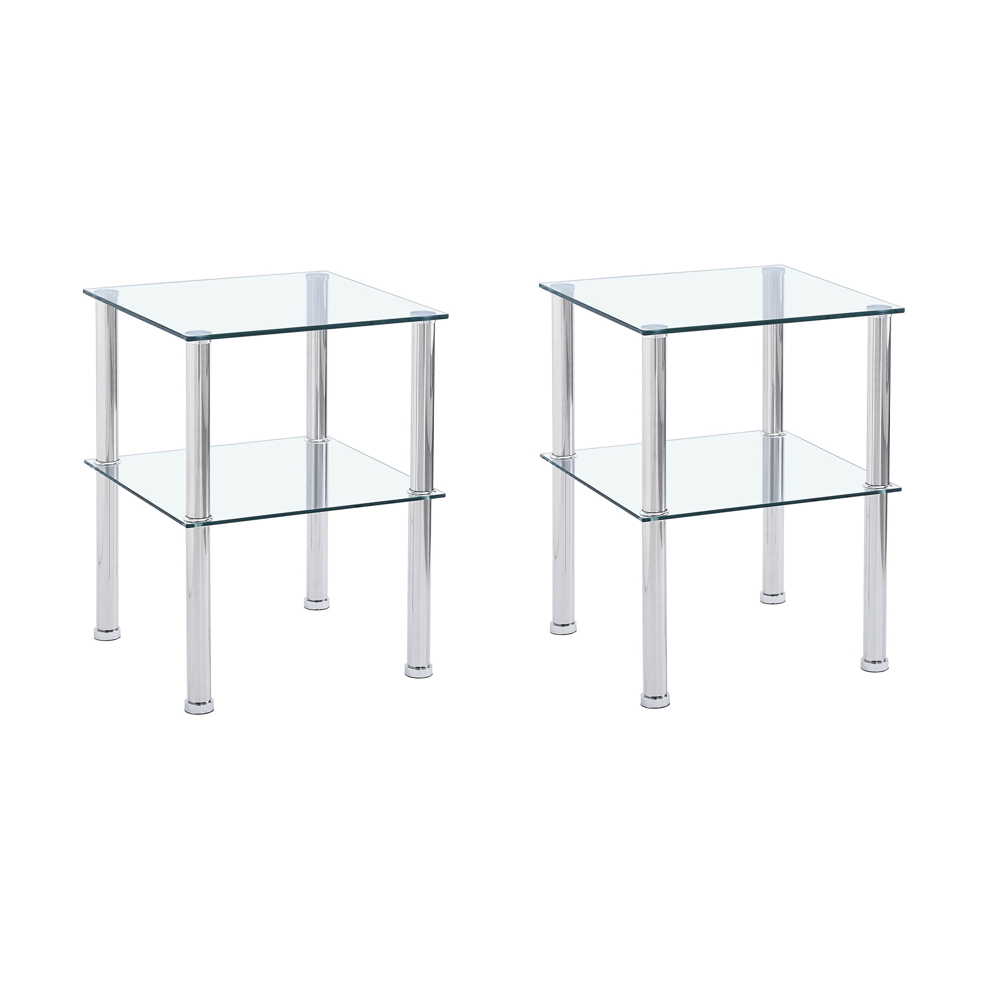 Yardi Yard Set of 2 Modern Living Room End Table 2 Tier Glass Side Table with Metal Legs, Clear