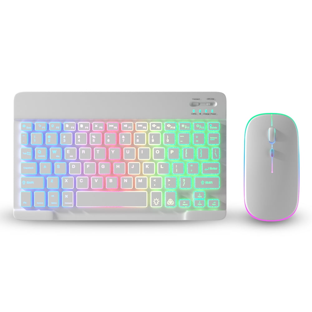 Wireless Bluetooth Keyboard for Tablet Android iOS Windows Mouse Compatible Rainbow Backlit Phone iPad Black