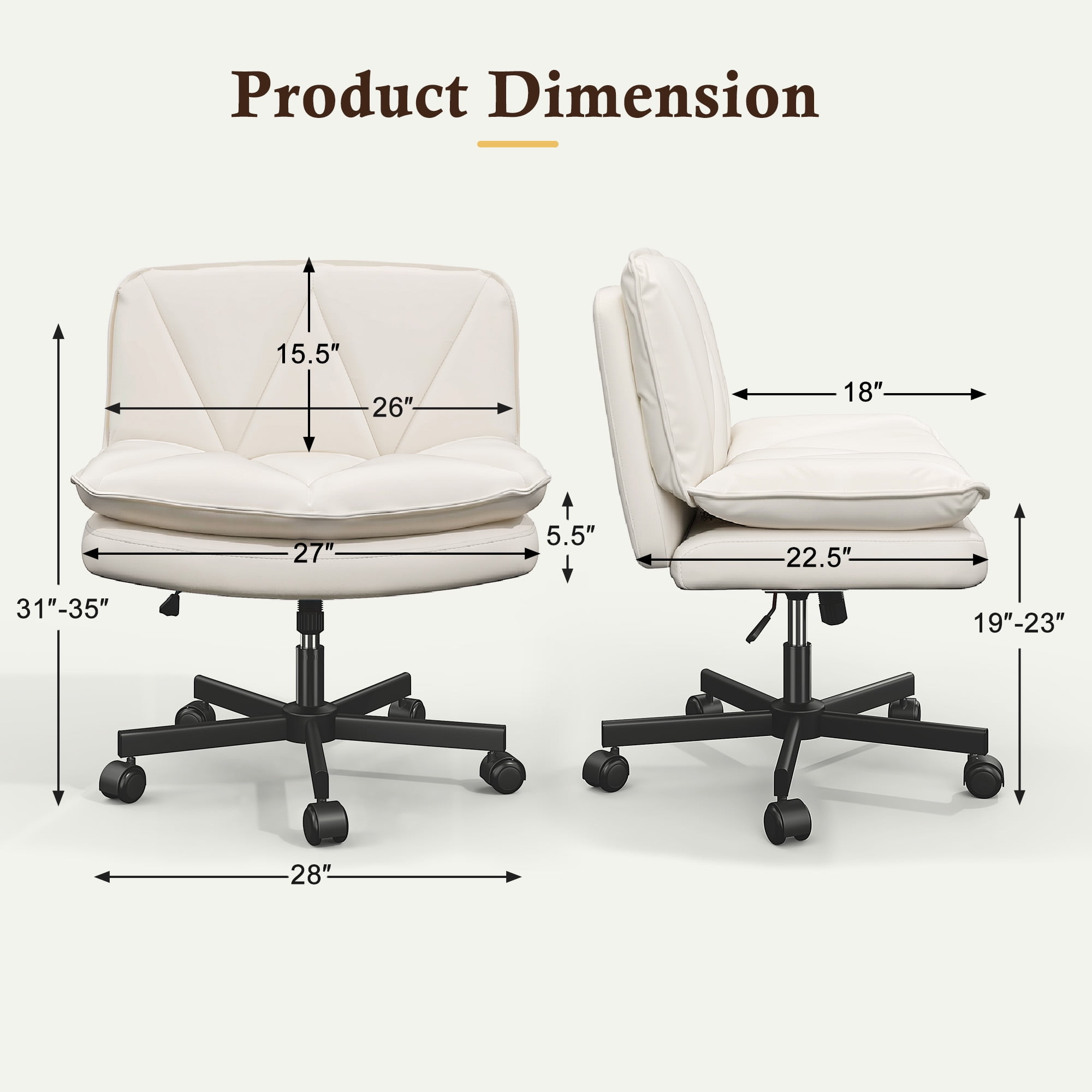 EnHomee 27" W Chair Criss Cross Legged Office Chair Armless Adjustable Desk Chair with Wheels, Wide Seat, and 2-Layer Cushions, Beige