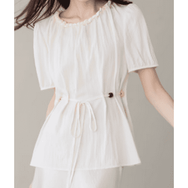 Short Sleeve Shirt Women Premium Feeling Waisted Blouse Lace Round Neck Tie Tops