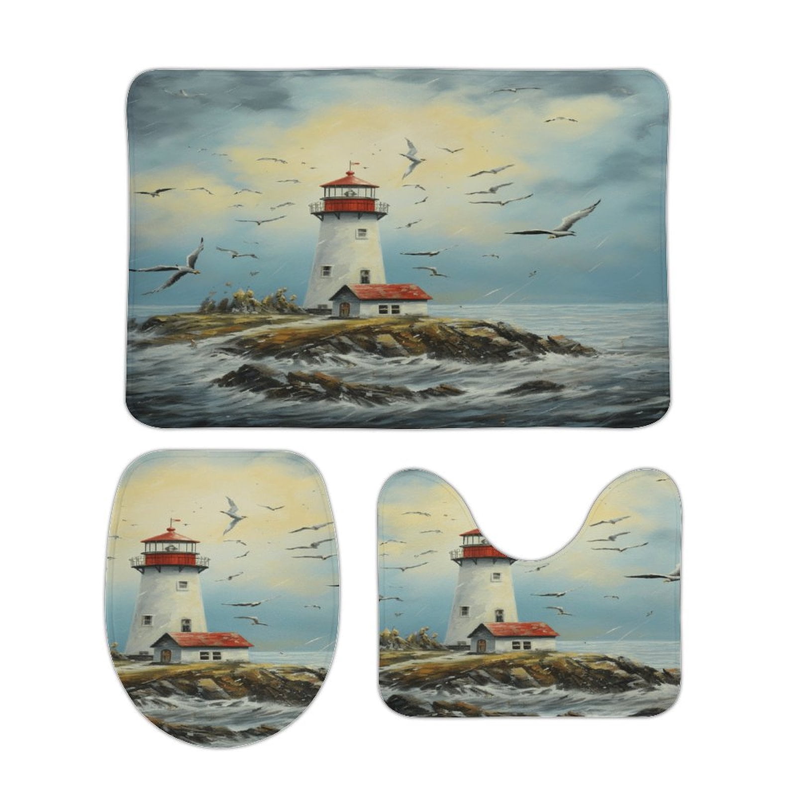 Lighthouse Coast Scenery 3 Piece Bath Rugs Mat Set, Flannel Mats, Machine Washable Carpets Mat for Bathroom Kitchen, Tub Toilet Contour Mat Lid Cover