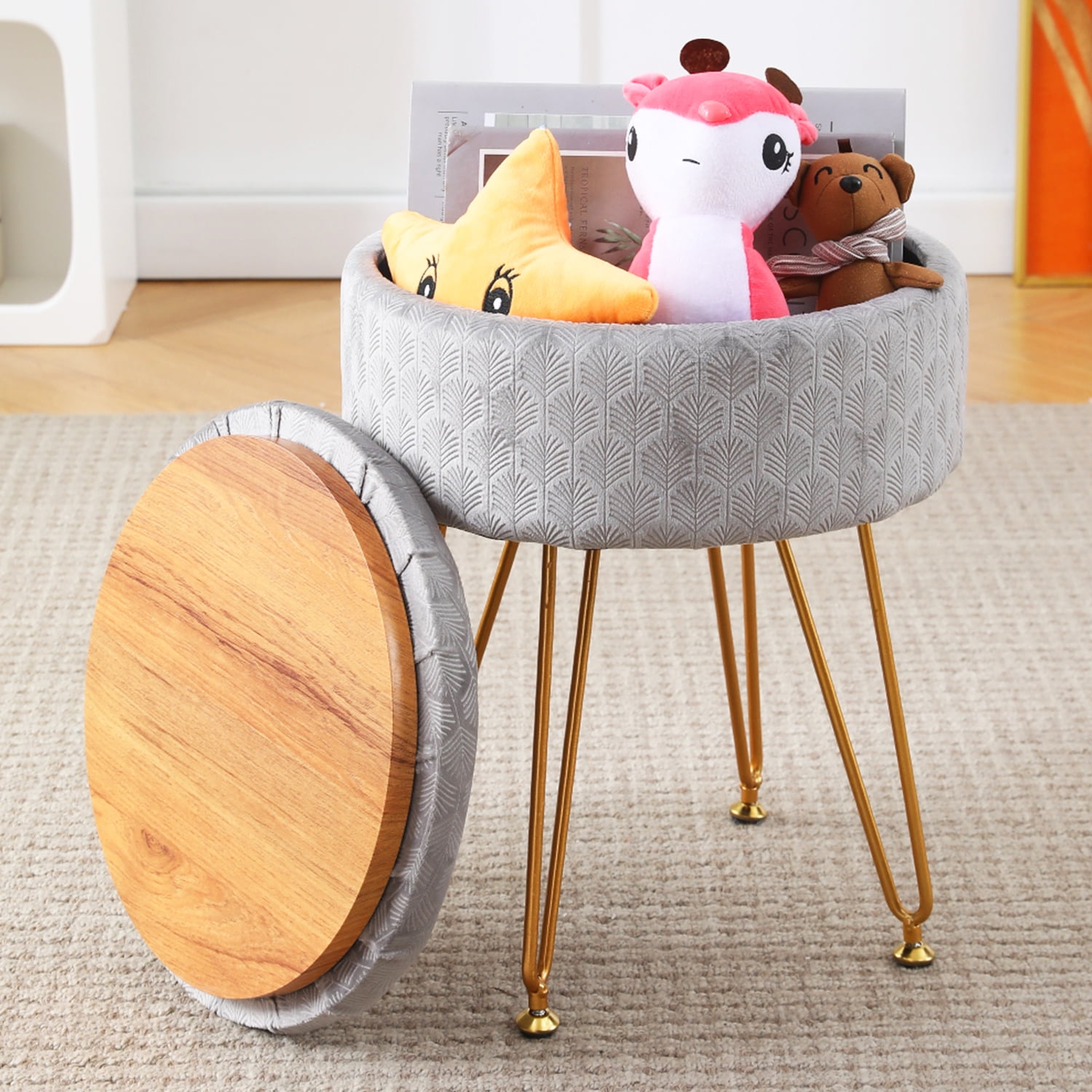 Home Round Velvet Storage Ottoman & Tray Top Coffee Table, Foot Rest