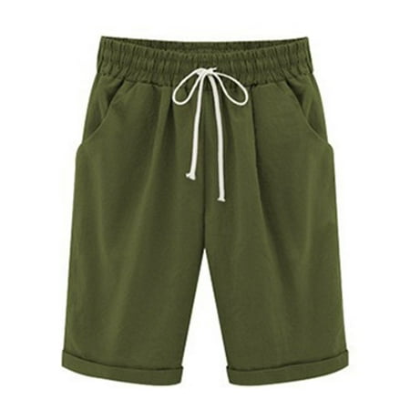 Drawstring Print Boardshorts - Women's Casual Elastic Waist Knee-Length Curling Bermuda Pocket Shorts With Drawstring Plus Size Solid Pants