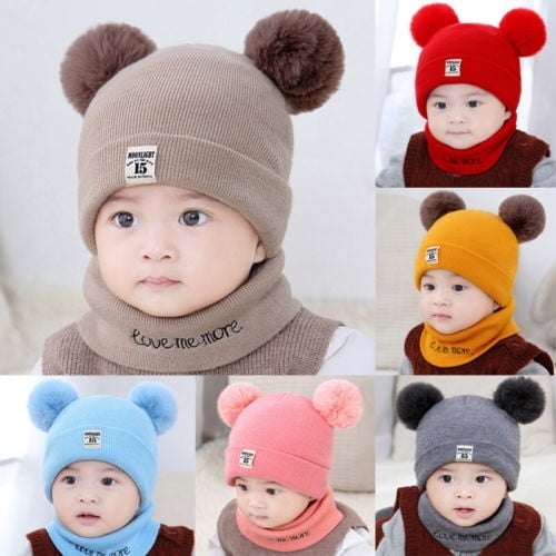 2Pcs Nouveau Ne Bebe Garcon Fille Chapeaux Hiver Chaud Double Pompon Fourrure Tricot Bonnet Ensemble d Echarpe Walmart
