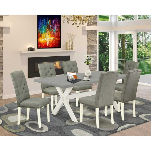 East West Furniture 7-Pc Kitchen Dining Room Set- 6 padded parson chairs with Smoke Linen Fabric Seat and Button Tufted Chair Back - Rectangular Table Top & Wooden Cross Legs - Cement and Linen White