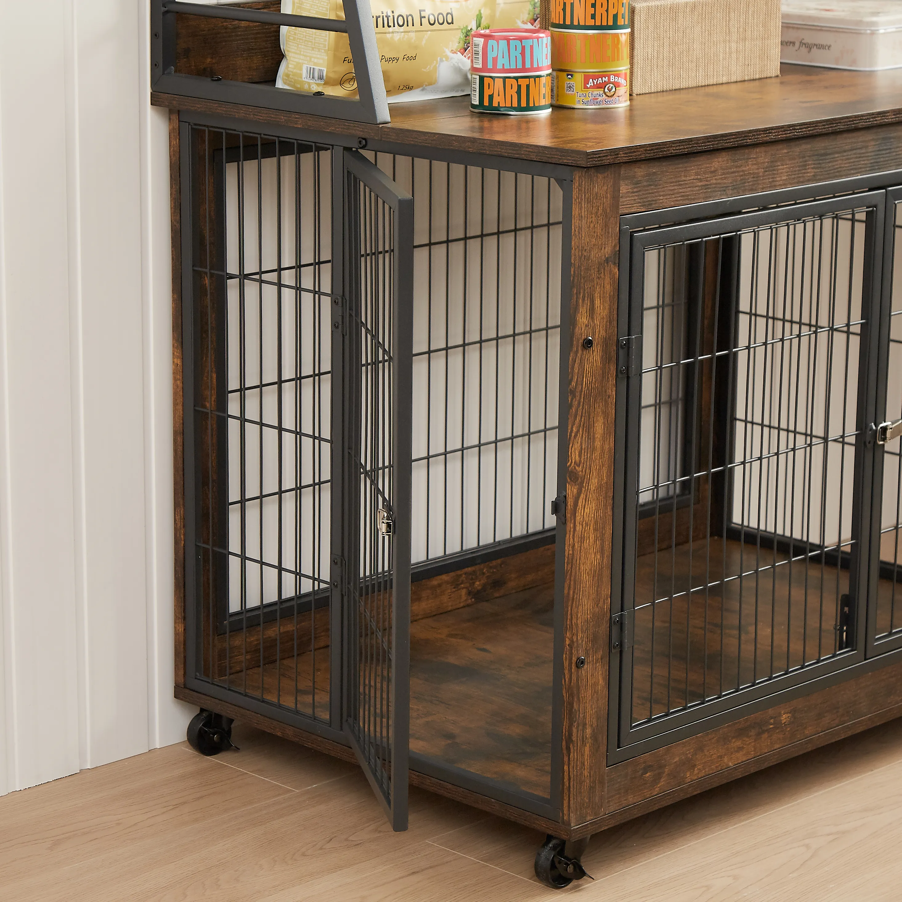 Pefilos 57" Wood Dog Crate Furniture with 3 Tier Shelves, kennel Equipped with Double Doors and A Raised Roof, Brown