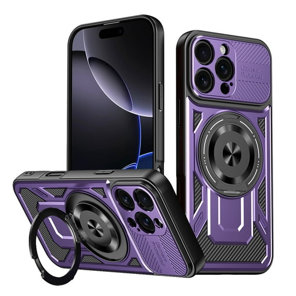 Military Grade Drop Impact for iPhone 16 Pro Max Case,Compatible with MagSafe 360 Metal Magnetic Rotating Ring Kickstand Holder Protective Armor Heavy Duty Shockproof Back Phone Case,Purple