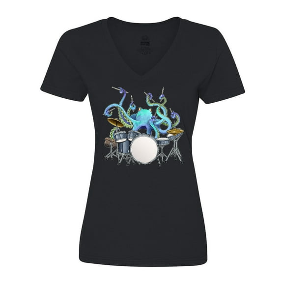 Inktastic Cute Blue Octopus Drumming Women's V-Neck T-Shirt