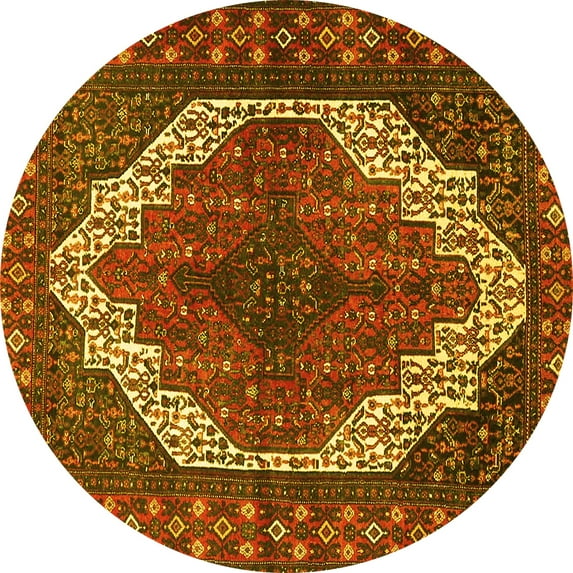 Ahgly Company Machine Washable Indoor Round Medallion Yellow Traditional Area Rugs, 8' Round