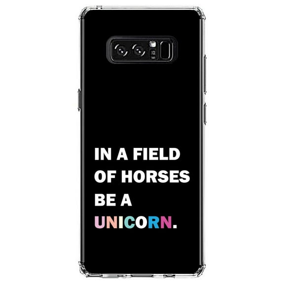 DistinctInk Clear Shockproof Hybrid Case for Samsung Galaxy Note 8 - TPU Bumper, Acrylic Back, Tempered Glass Screen Protector - In a Field of Horses, Be a Unicorn - Rainbow