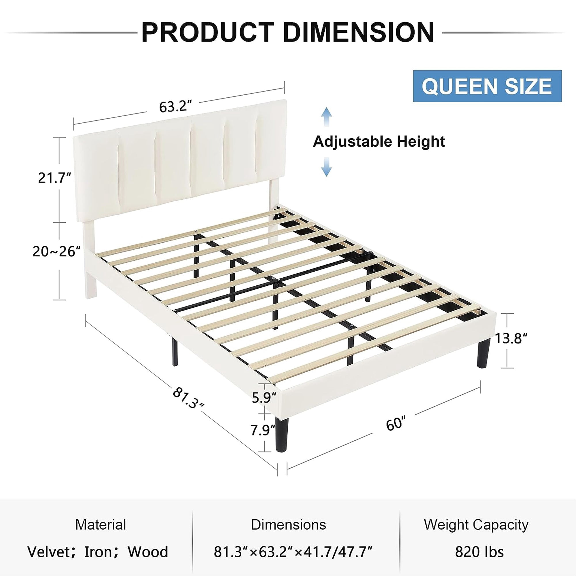 VECELO Queen Size Upholstered Platform Bed Frame, Adjustable Headboard and Wooden Slats Support, No Box Spring Needed/Easy Assembly, White