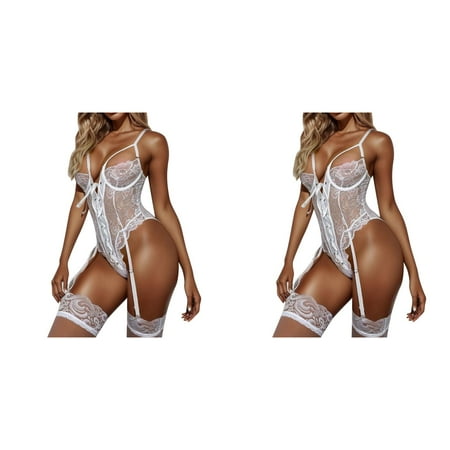 Wijhcboe 2 Pack Women New Year Lingerie for Women Fashion Lace Up Front Sexy New Years Lingerie Floral Lace Garter Teddy Sexy Lingerie Women Hot Exotic Bodysuit Red Lace Sexy Lingerie Peign