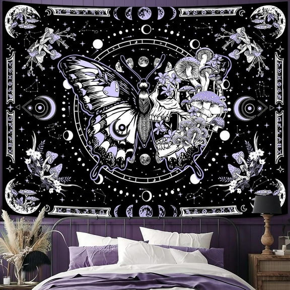 Skeleton Butterfly Tapestry Pink Skull Hippie Mushroom Plants Tapestry for Bedroom Moon phase Aesthetic Tapestries Wall Hanging for Living Room Dorm