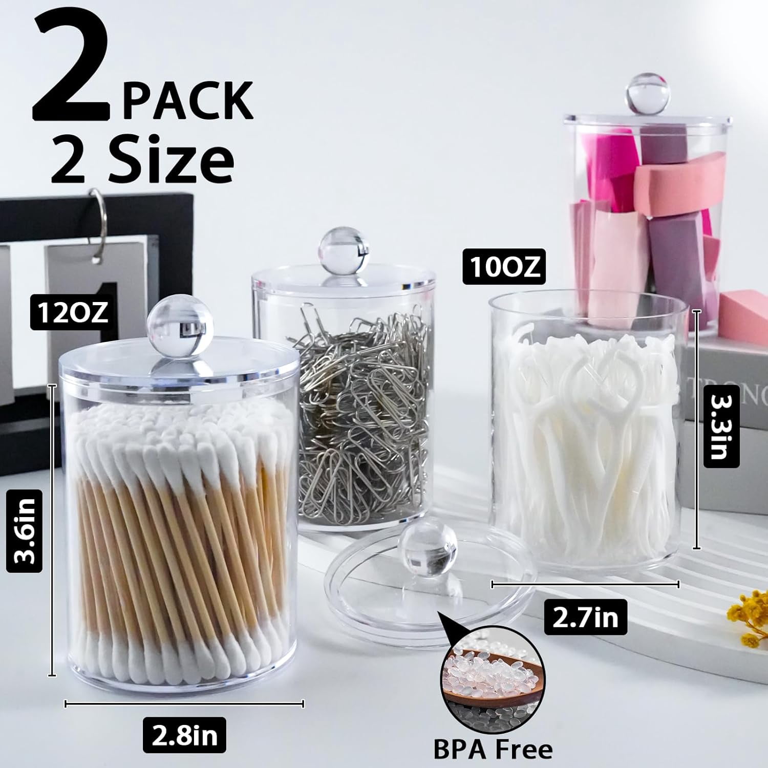 2 Pack Qtip Holder,Canister Apothecary Jar Set, Bathroom Jars with Lids Set for Cotton Swabs, Balls, Pads, Floss Picks,10oz-12oz Plastic Canisters Restroom Bedroom Vanity Organizer(Black)