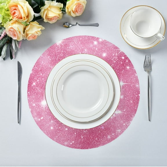 15.4" Round Placemat Set of 1 Polyester Fabric Place Mats Non-Slip Dining Kitchen Table Mats for Kitchen Party Decor Pink Glitter Background