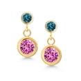thumbnail image 2 of Gem Stone King 14K Yellow Gold Pink Created Sapphire and London Blue Topaz Two Stone Bezel Dangle Earrings for Women (1.36 Cttw, Gemstone September Birthstone, Round 5MM and 3MM), 2 of 4