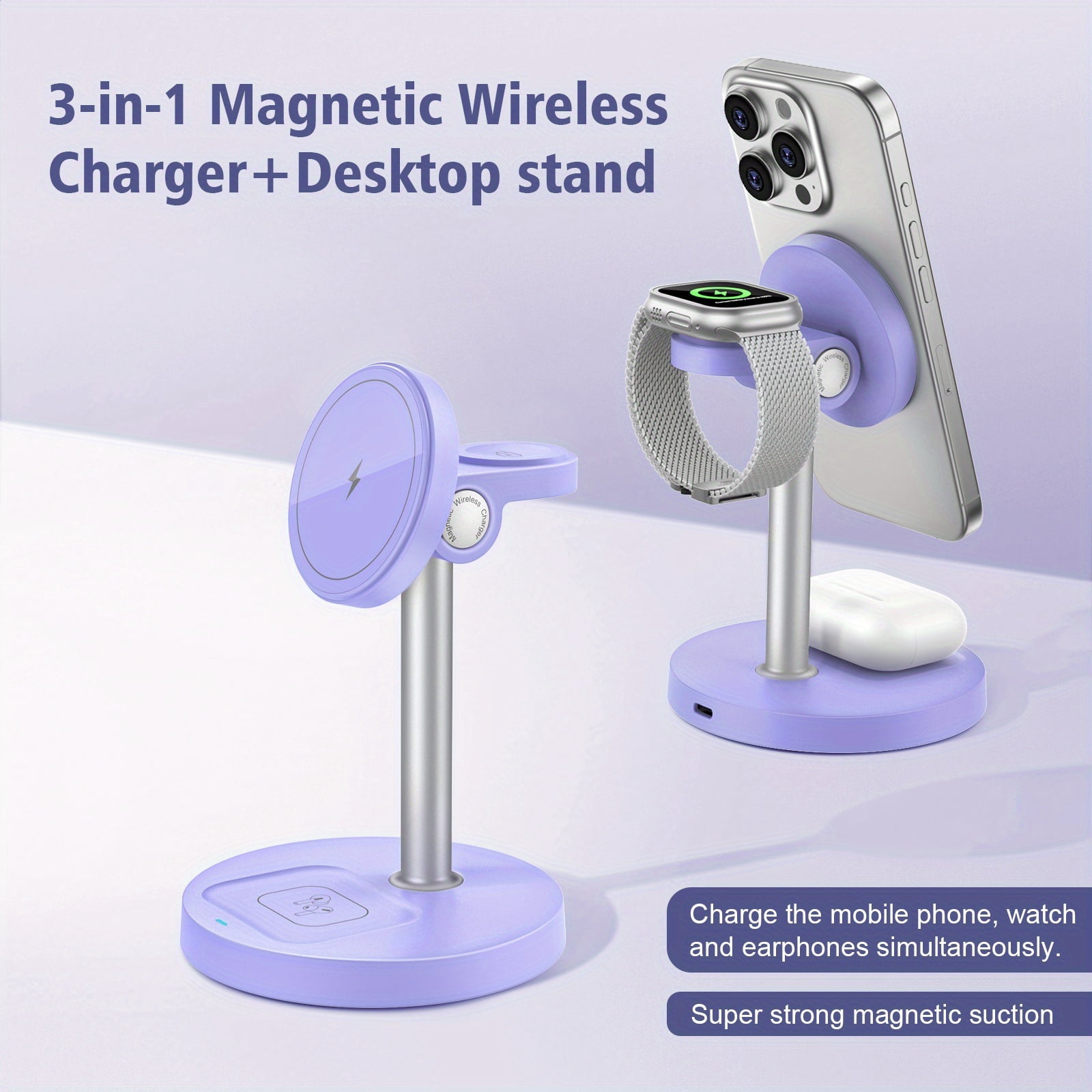 3-in-1 Magnetic Wireless Charger Stand: 15W Fast Charging for iPhone 16/15/14/13/12, Apple Watch & AirPods | Adjustable, Heat Dissipation, Strong Magnetic Grip, Dopamine Colors