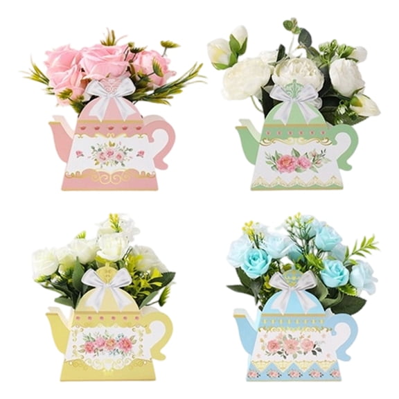 Vintage Tea Party Decorative Boxes - 12 Pack Teapot Shaped Floral Design with Ribbon Bows for Bridal Showers, Afternoon Tea & Garden Parties