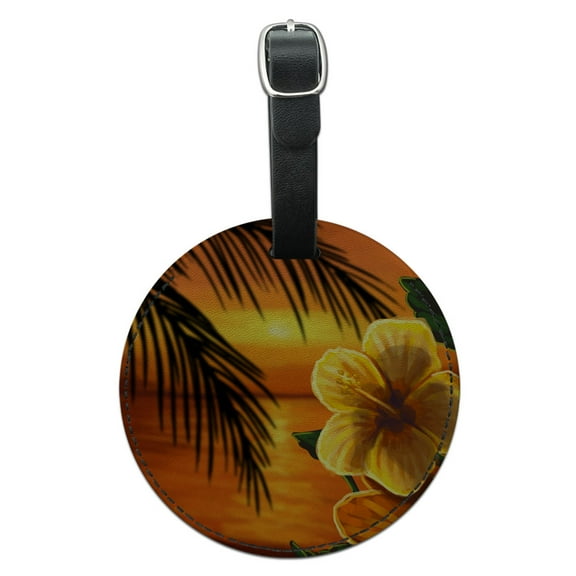 Beach Sunset Hibiscus Flower Hawaiian Round Leather Luggage ID Tag Suitcase