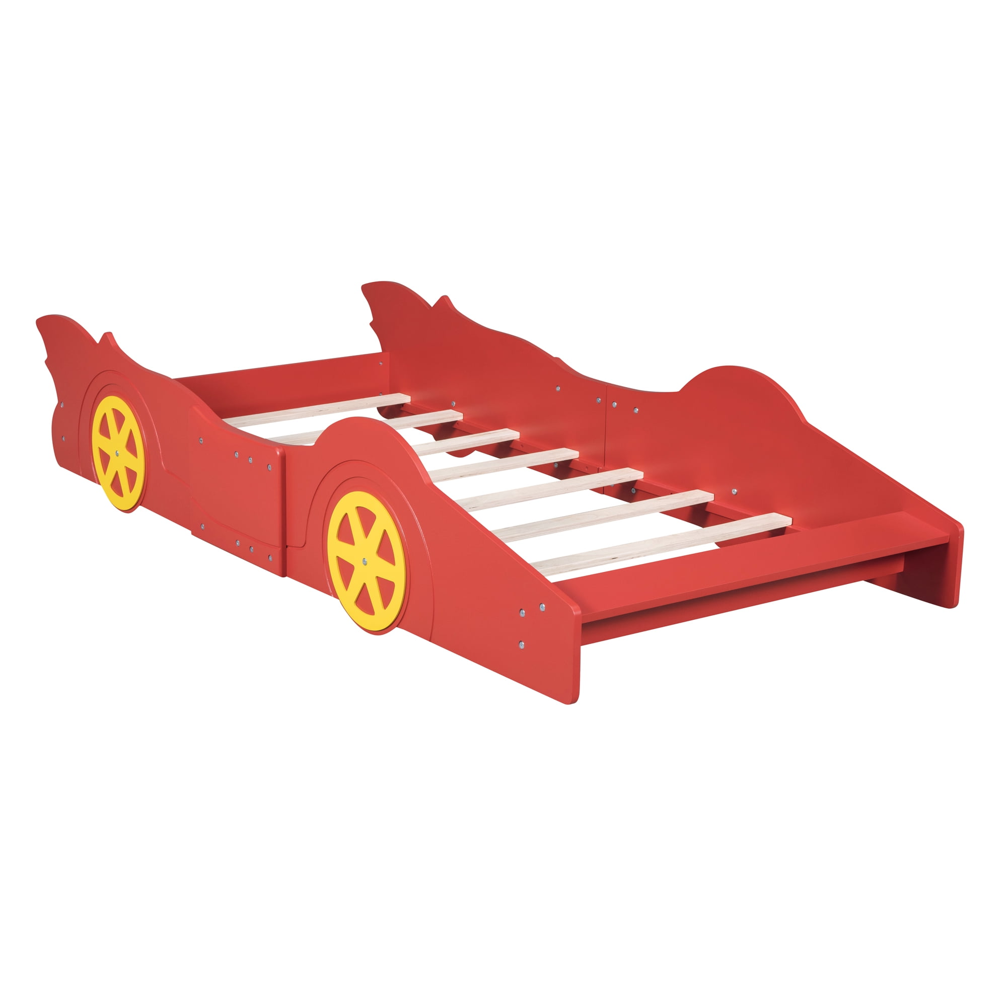 Aukfa Twin Size Race Car Bed, Wood Toddler Bed with Wheels, Red
