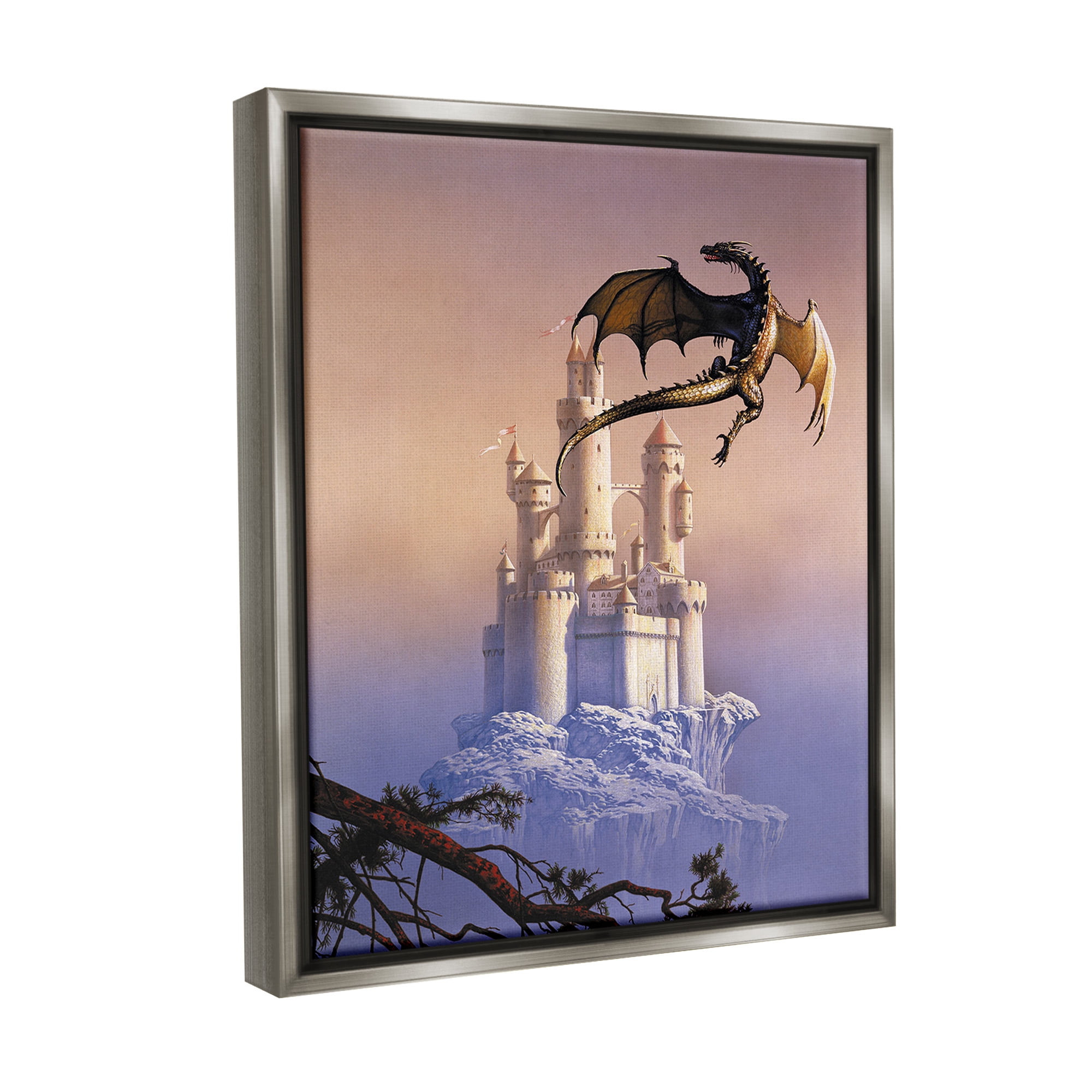 Stupell Industries Magical Dragon & Castle Fairy Tales & Fantasy Painting Gray Floater Framed Canvas Art Print Wall Art, 25 x 31
