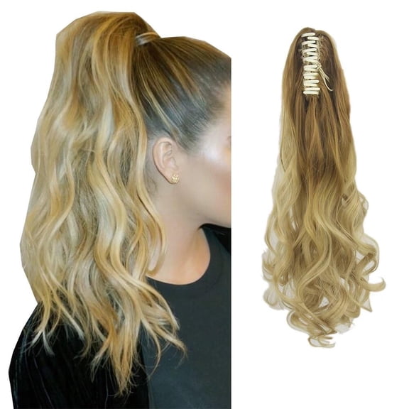 20" Curly Claw Jaw Long Thick 140g Ponytail Extension Long Wavy Synthetic Hair Extensions Ponytail Hair - Medium Blonde to Light Blonde Ombre Color
