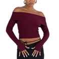 thumbnail image 2 of Liacowi Women's Off-Shoulder Cropped Tops Solid Color Boat Neck Long Sleeve Show Navel Ribbed Knitwear Tops Fall Fashion Slim Fit Aesthetic Clothing, 2 of 6
