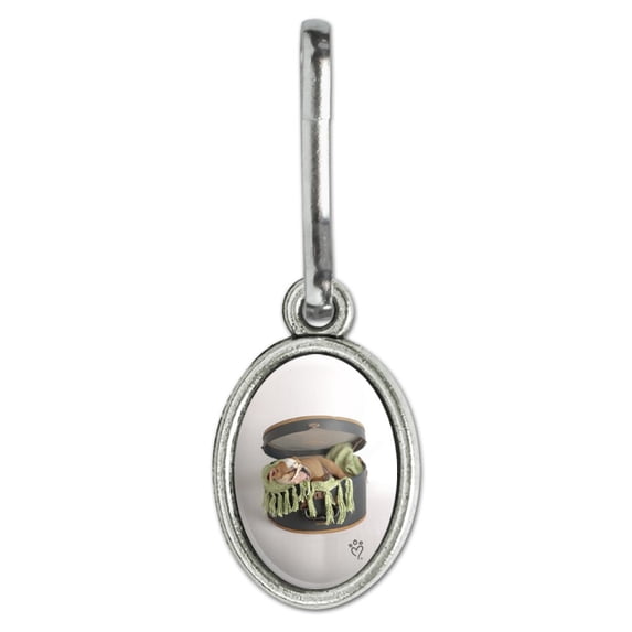 English Bulldog Puppy Dog Sleeping Hatbox Box Antiqued Oval Charm Clothes Purse Suitcase Backpack Zipper Pull Aid