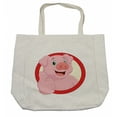 thumbnail image 1 of Cartoon Shopping Bag, Pig Mascot with Thumbs Animal Illustration with a Circular Frame, Eco-Friendly Reusable Bag for Groceries Beach and More, 15.5" X 14.5", Cream, by Ambesonne, 1 of 2