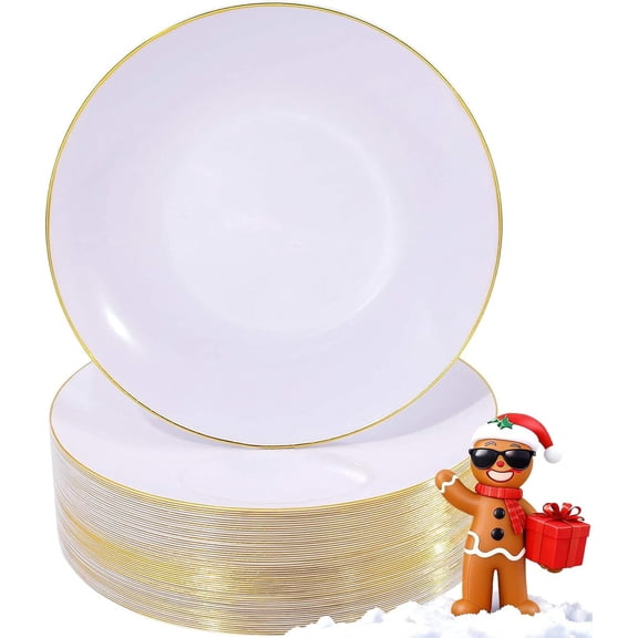 100 Pieces Gold Plastic Plates - 10.25 inch Gold Dinner Plates - Heavyweight White and Gold Disposable Plates Ideal for Wedding & Party & Thanksgiving