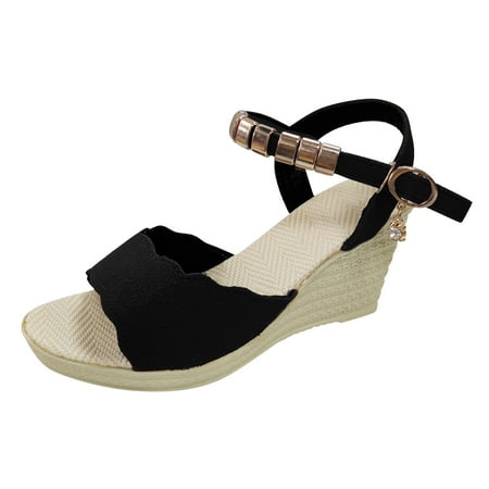 

nsendm Wide Sandals for Women Size 7 Women Wedge Sequin Buckle Sandals Block Heel Flat Sandals for Women Wide Width Black 6.5