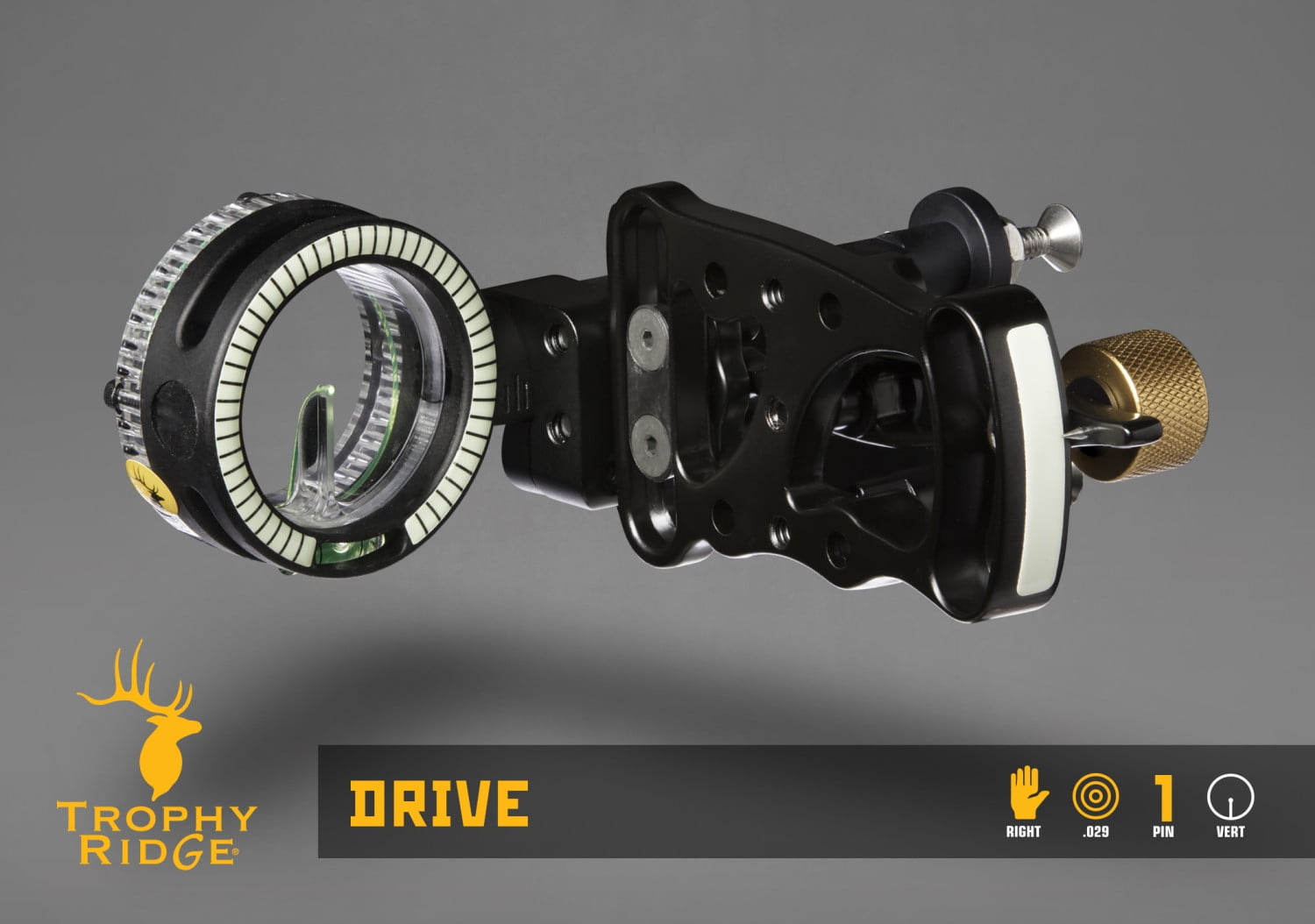 Trophy Ridge Drive™ Slider Sight with Adjustable Indicator Pin, Nylon Bushings for Smooth, Quiet Movement, Precision Installed Bubble Level and Ultra-bright Vertical Fiber Optic Pin